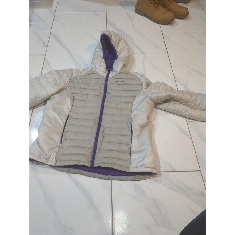 Pre-owned "Quechua"  Puffer Hoodie Jacket Light Gray/Purple Sz L Stains See Pics